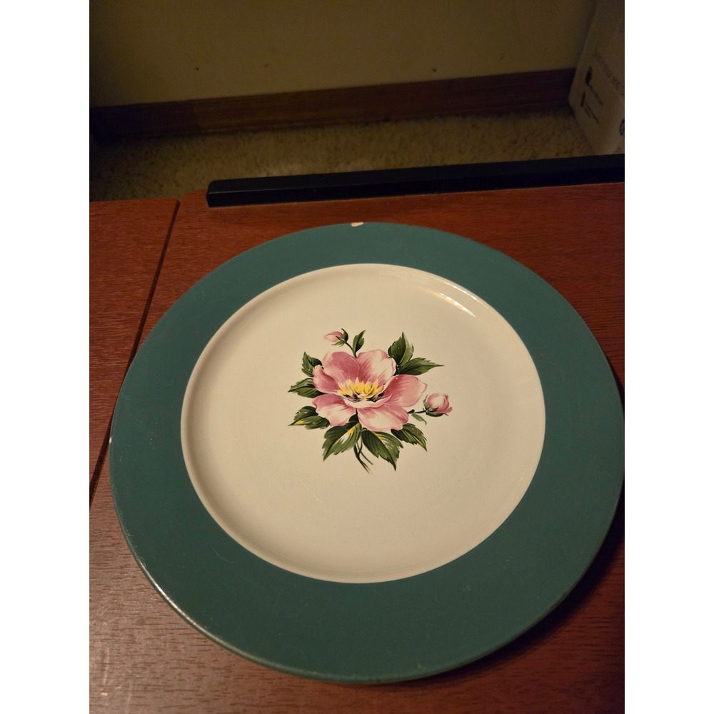 Homer Laughlin Empire Green Dinner Plate Century Service‎ Corp Pink Floral Teal